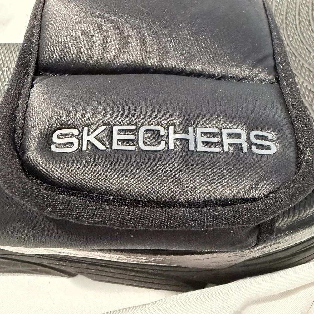 Skechers Black Slide Sandals Wedge Comfort‎ Adjustable Strap Hook & Loop Logo